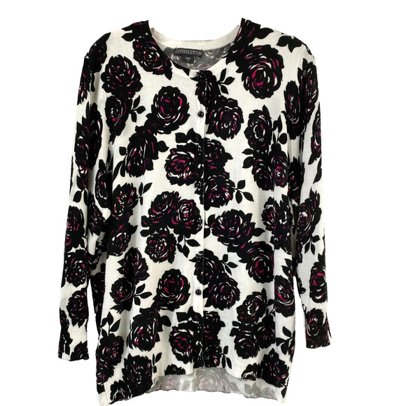 Covington Floral Cardigan Sweater Women L Black Pink Dark‎ Romantic Whimsigoth - Picture 1 of 10
